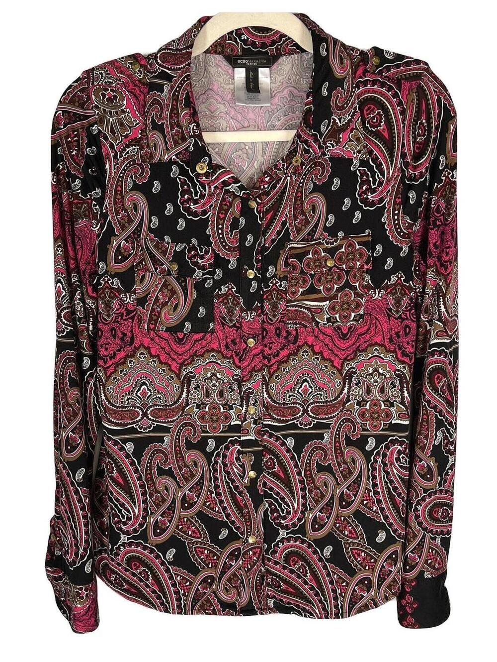BCBGMAXAZRIA Pink Paisley Stretch Button Up Boho Retro Y2K Blouse PM / Medium